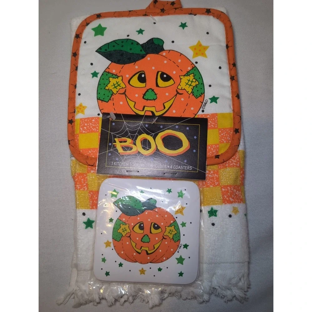 Vintage NOS Halloween Kitchen Set Hand Towel Potholder & 4 Coasters Set B&D